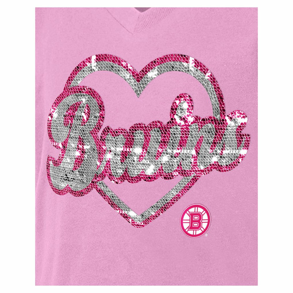 Boston Bruins New Era Girl's Youth Flip Sequin V-Neck T-Shirt On Sale