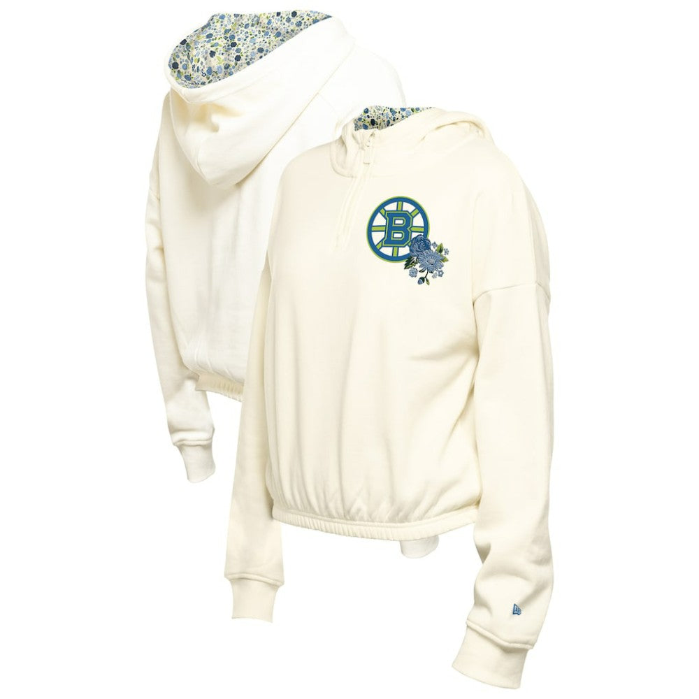 Boston Bruins New Era Women's Glam Game Quarter-Zip Cropped Floral Hoodie Pullover For Sale