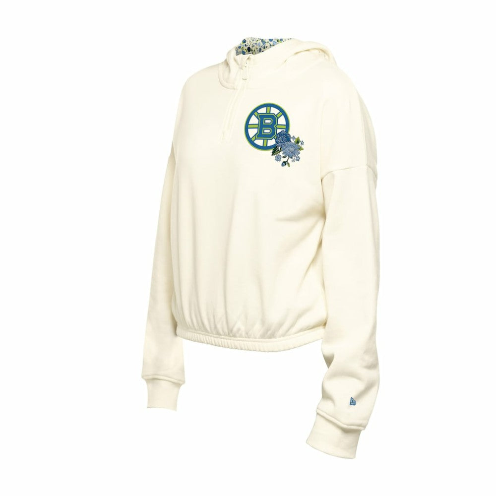Boston Bruins New Era Women's Glam Game Quarter-Zip Cropped Floral Hoodie Pullover For Sale