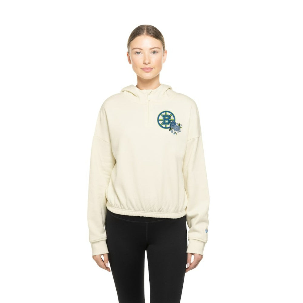 Boston Bruins New Era Women's Glam Game Quarter-Zip Cropped Floral Hoodie Pullover For Sale