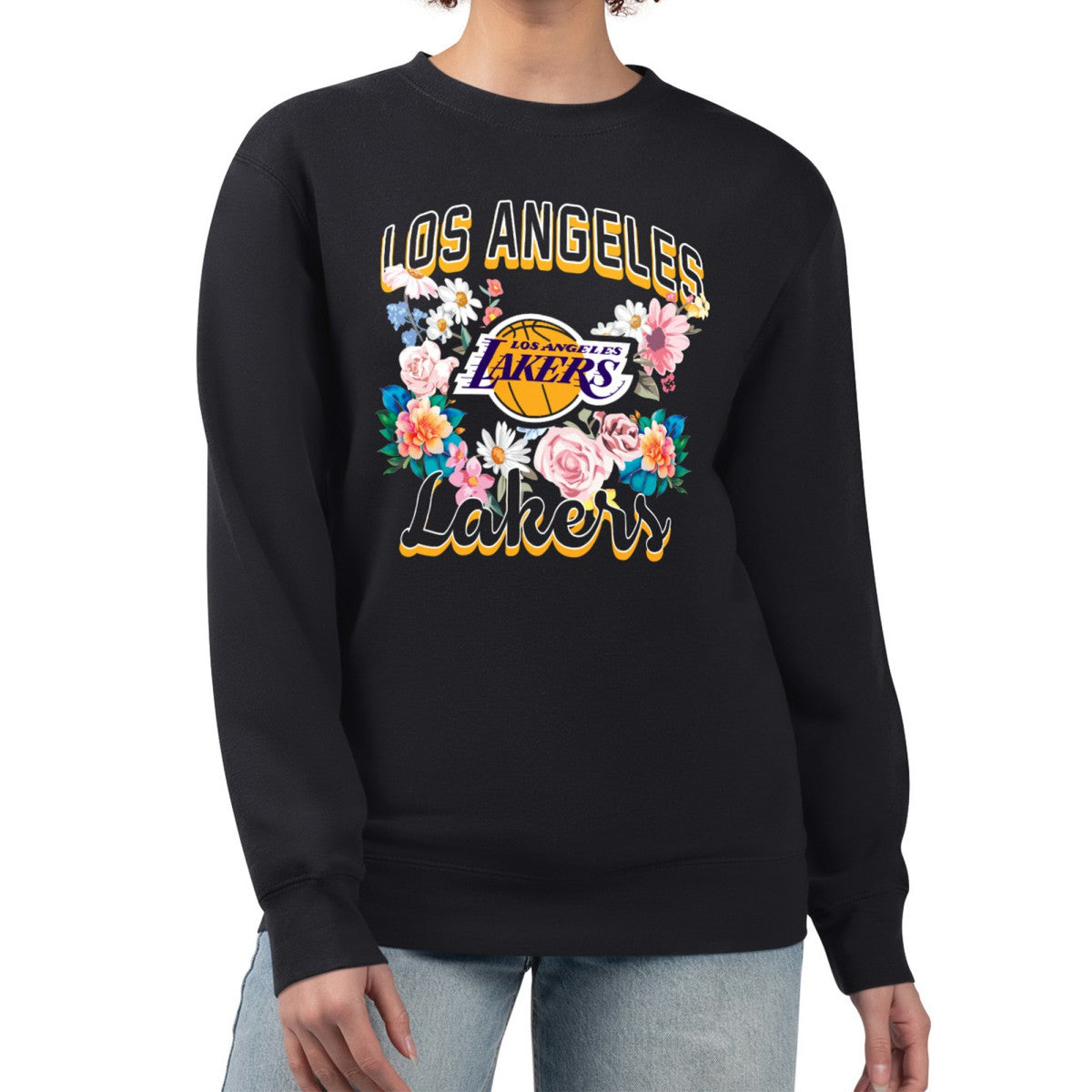 Los Angeles Lakers G-III 4Her by Carl Banks Women's Flowers Team Logo Graphic Fleece Crewneck Pullover Sweatshirt Discount