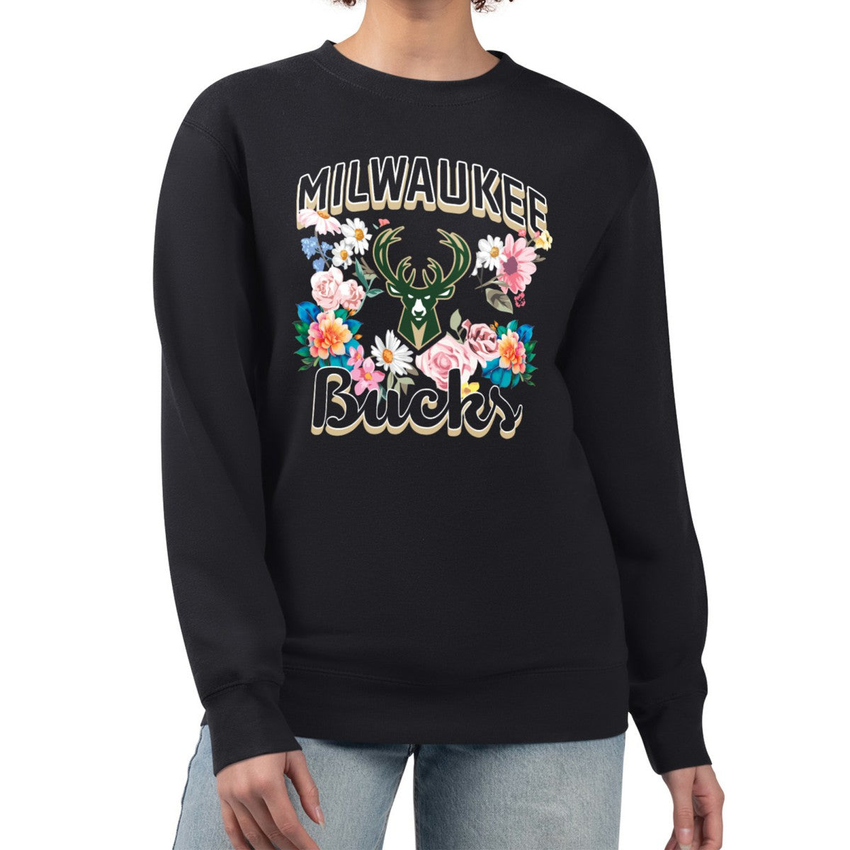 Milwaukee Bucks G-III 4Her by Carl Banks Women's Flowers Team Logo Graphic Fleece Crewneck Pullover Sweatshirt Online