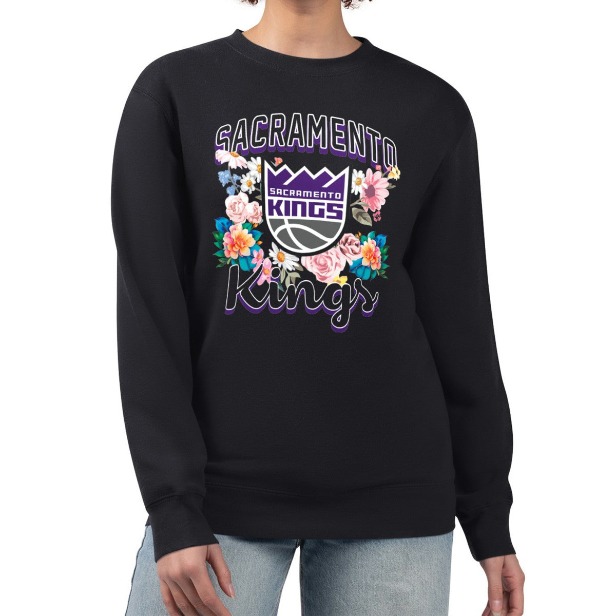 Sacramento Kings G-III 4Her by Carl Banks Women's Flowers Team Logo Graphic Fleece Crewneck Pullover Sweatshirt On Sale