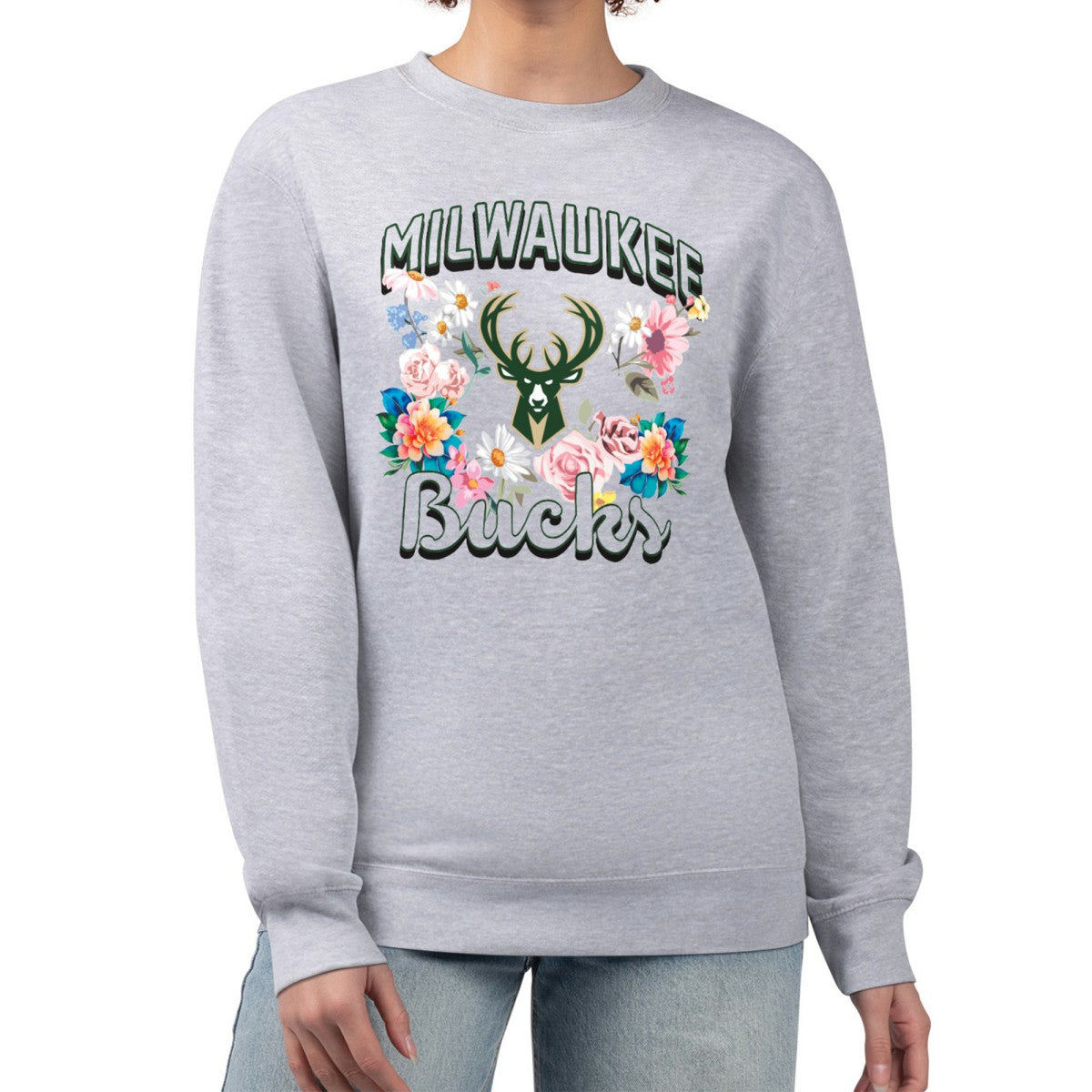 Milwaukee Bucks G-III 4Her by Carl Banks Women's Flowers Team Logo Graphic Fleece Crewneck Pullover Sweatshirt Outlet