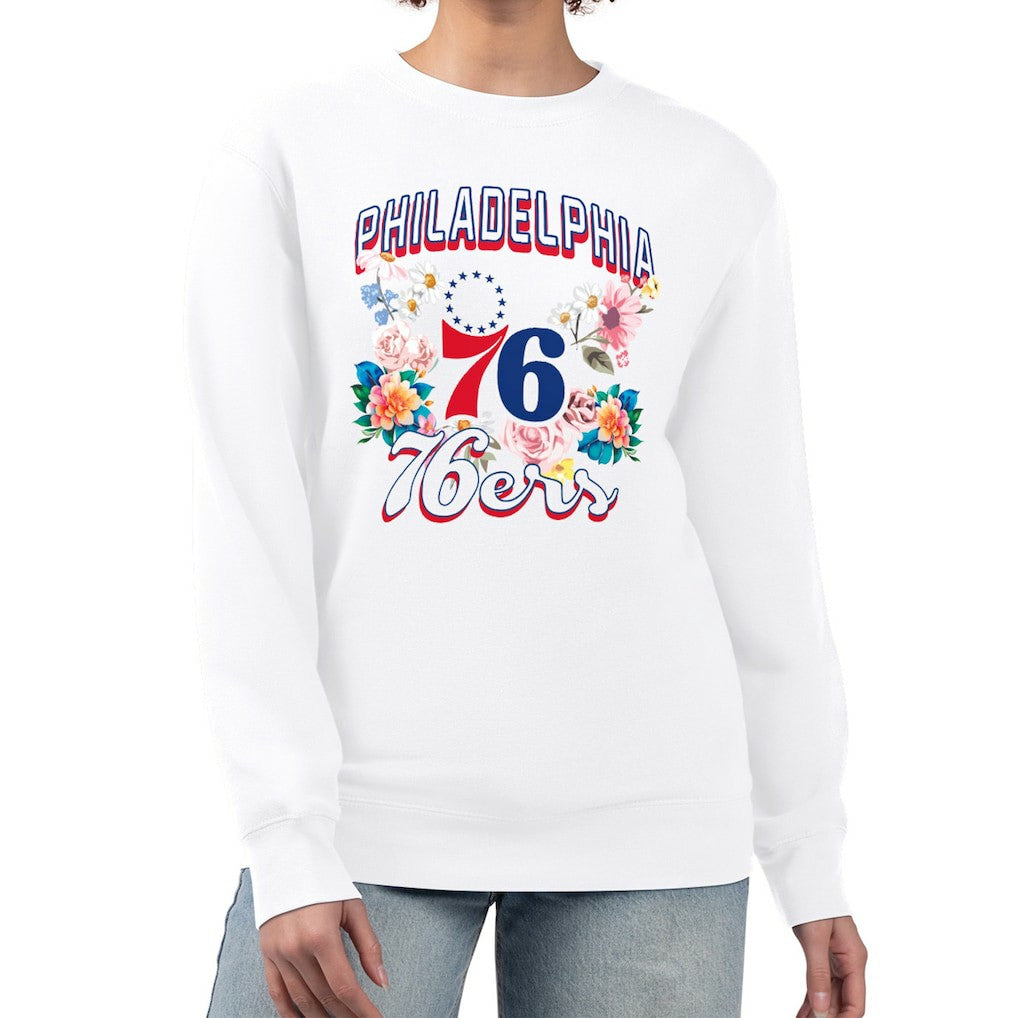 Philadelphia 76ers G-III 4Her by Carl Banks Women's Flowers Team Logo Graphic Fleece Crewneck Pullover Sweatshirt Outlet