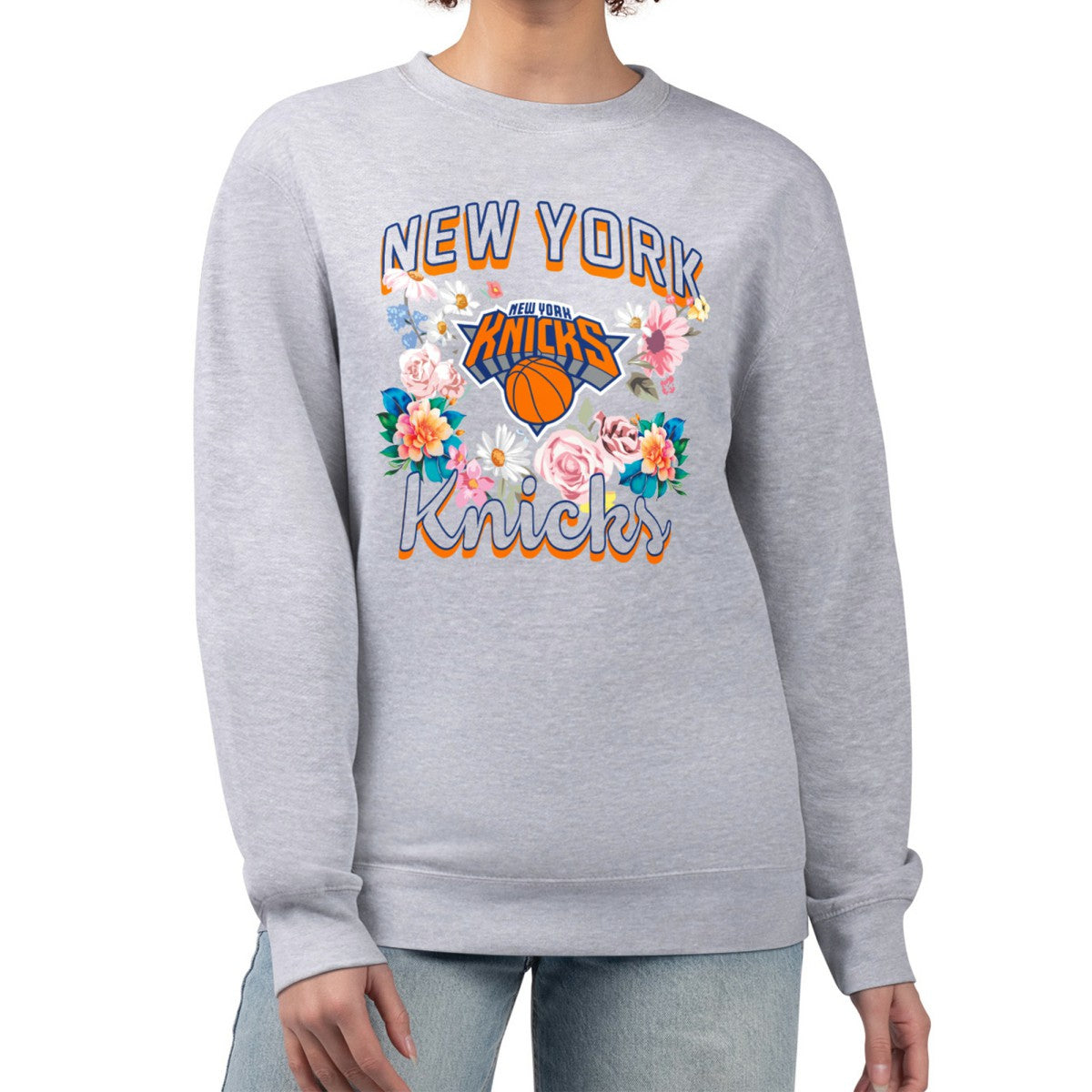 New York Knicks G-III 4Her by Carl Banks Women's Flowers Team Logo Graphic Fleece Crewneck Pullover Sweatshirt Online
