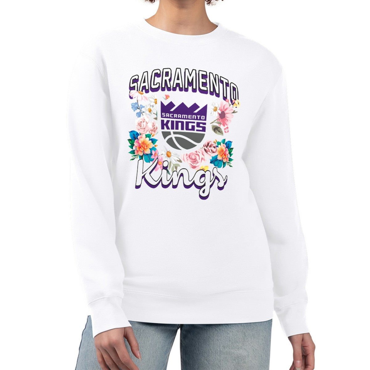 Sacramento Kings G-III 4Her by Carl Banks Women's Flowers Team Logo Graphic Fleece Crewneck Pullover Sweatshirt On Sale