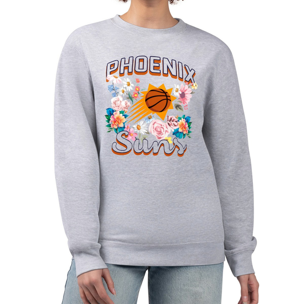 Phoenix Suns G-III 4Her by Carl Banks Women's Flowers Team Logo Graphic Fleece Crewneck Pullover Sweatshirt Outlet