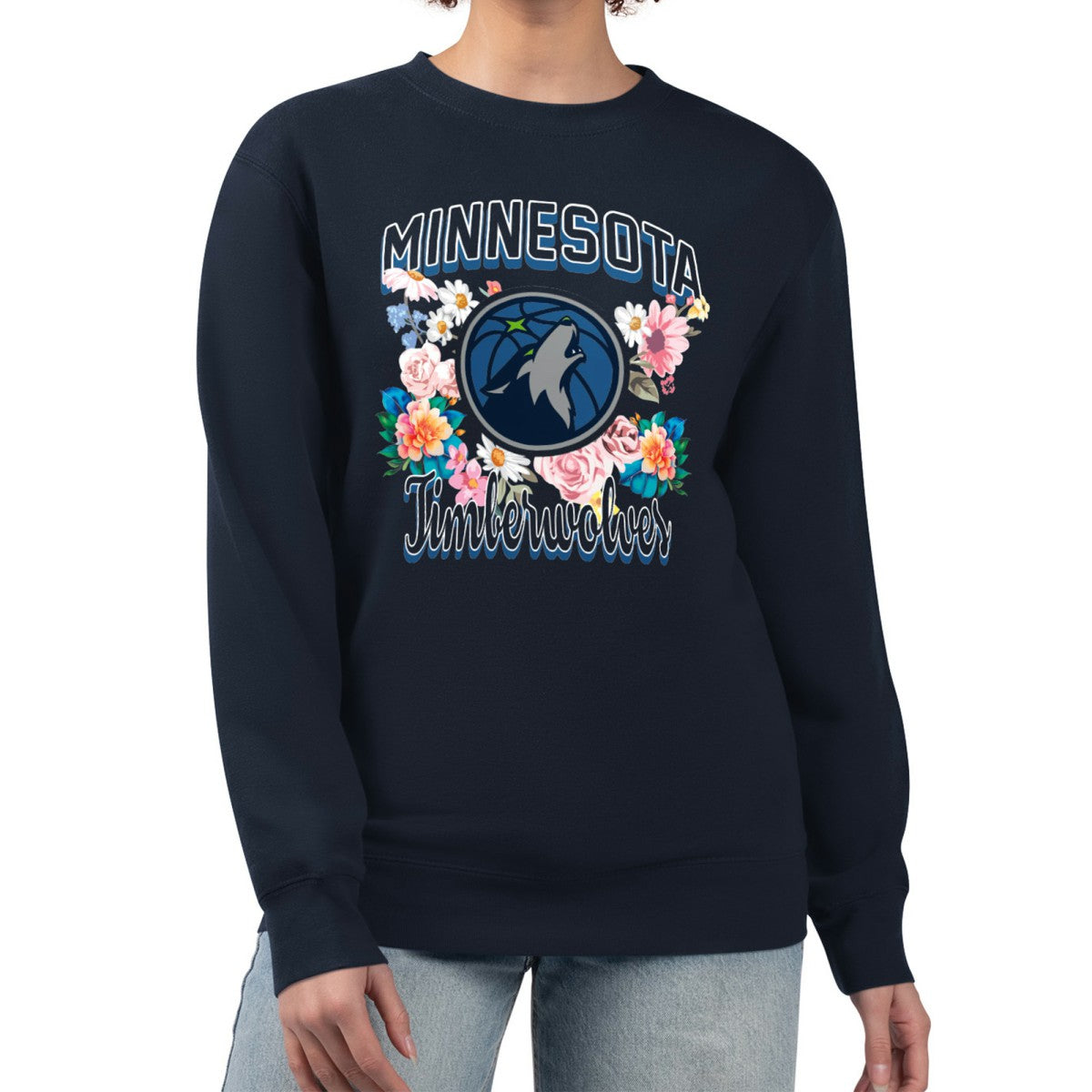 Minnesota Timberwolves G-III 4Her by Carl Banks Women's Flowers Team Logo Graphic Fleece Crewneck Pullover Sweatshirt Outlet