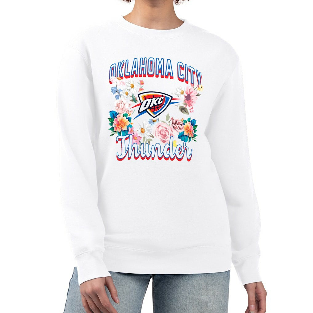 Oklahoma City Thunder G-III 4Her by Carl Banks Women's Flowers Team Logo Graphic Fleece Crewneck Pullover Sweatshirt On Sale