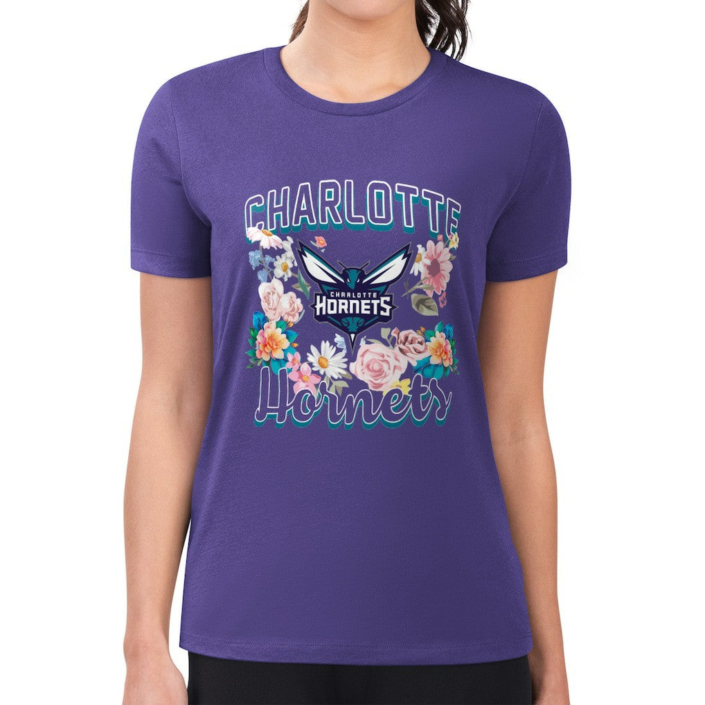 Charlotte Hornets G-III 4Her by Carl Banks Women's Super-Slim Fit Lightweight Flowers Team Logo Graphic T-Shirt New
