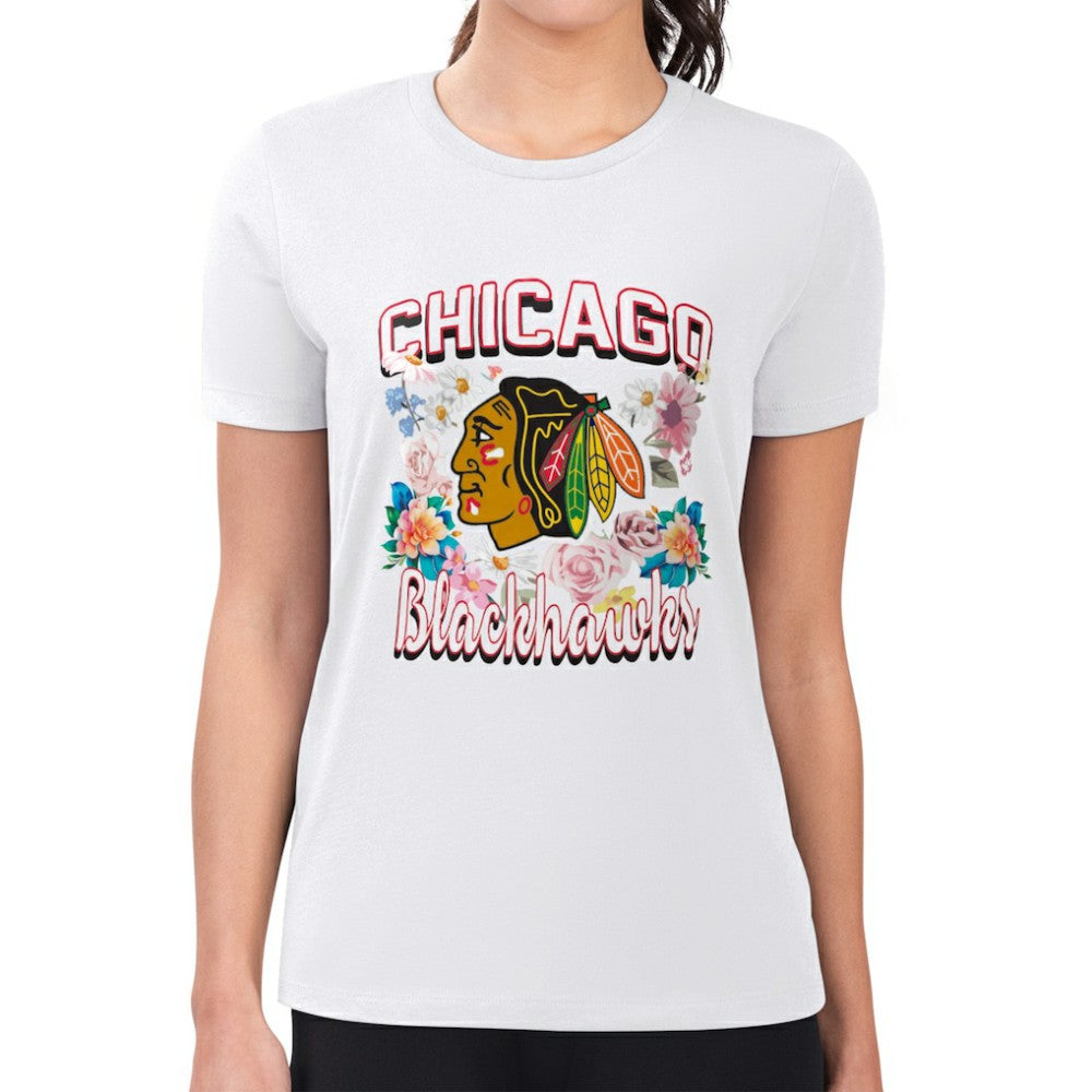 Chicago Blackhawks G-III 4Her by Carl Banks Women's Super-Slim Fit Lightweight Flower Logo T-Shirt For Sale