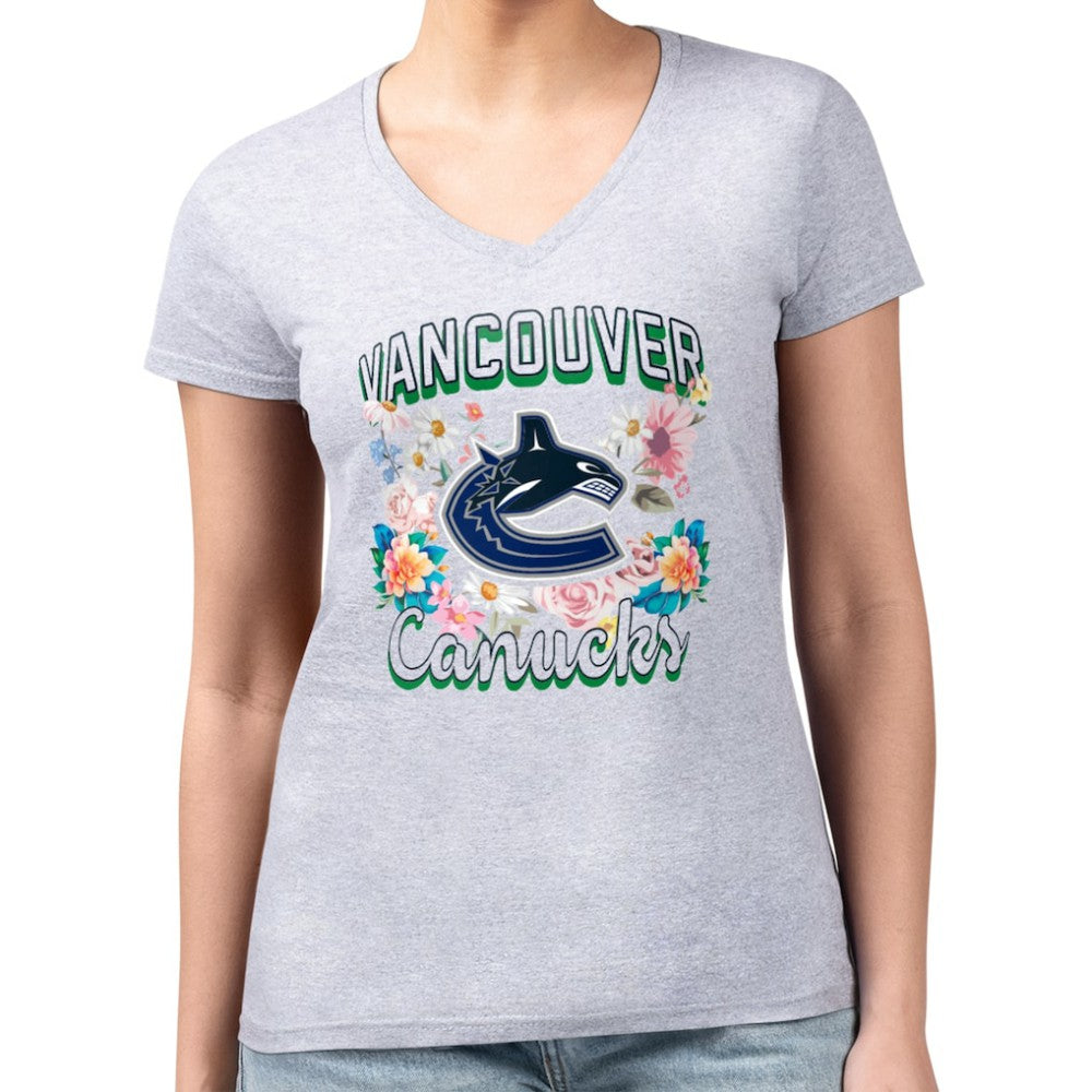 Vancouver Canucks G-III 4Her by Carl Banks Women's Super-Slim Fit Lightweight Flower Logo V-Neck T-Shirt For Sale