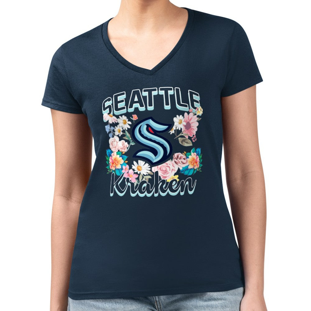 Seattle Kraken G-III 4Her by Carl Banks Women's Super-Slim Fit Lightweight Flower Logo V-Neck T-Shirt Discount