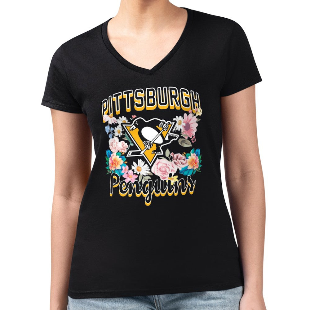 Pittsburgh Penguins G-III 4Her by Carl Banks Women's Super-Slim Fit Lightweight Flower Logo V-Neck T-Shirt Discount