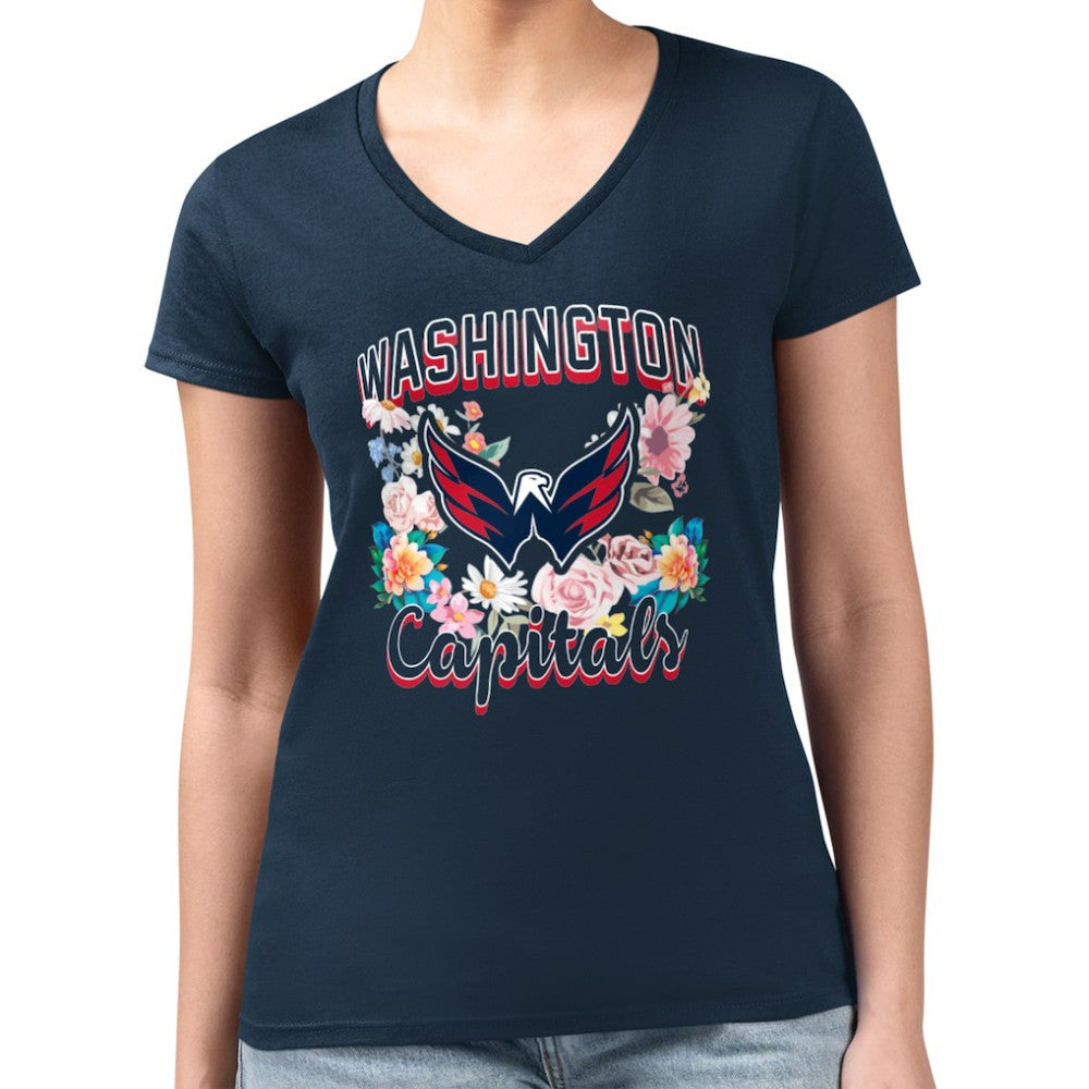 Washington Capitals G-III 4Her by Carl Banks Women's Super-Slim Fit Lightweight Flower Logo V-Neck T-Shirt For Sale