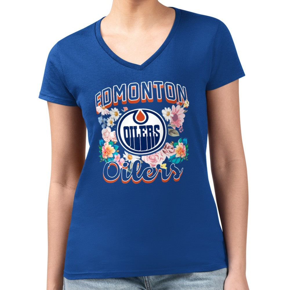 Edmonton Oilers G-III 4Her by Carl Banks Women's Super-Slim Fit Lightweight Flower Logo V-Neck T-Shirt Outlet