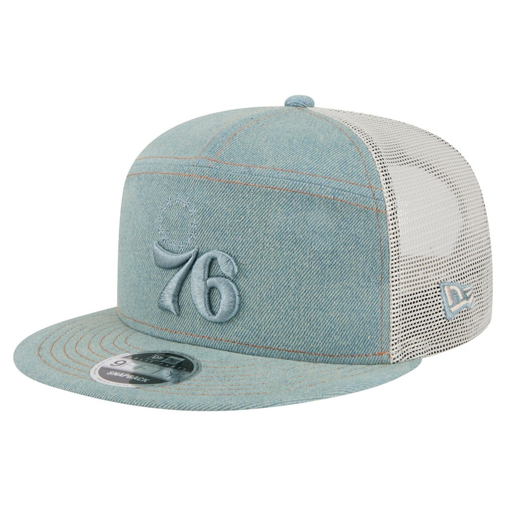 Philadelphia 76ers Adventure Denim Split Panel 9FIFTY Snapback Trucker Hat Discount