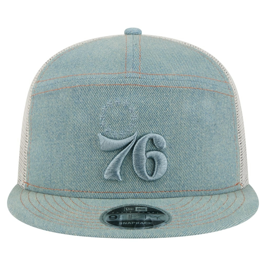Philadelphia 76ers Adventure Denim Split Panel 9FIFTY Snapback Trucker Hat Discount