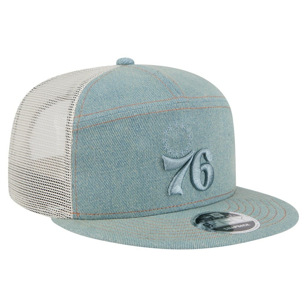 Philadelphia 76ers Adventure Denim Split Panel 9FIFTY Snapback Trucker Hat Discount