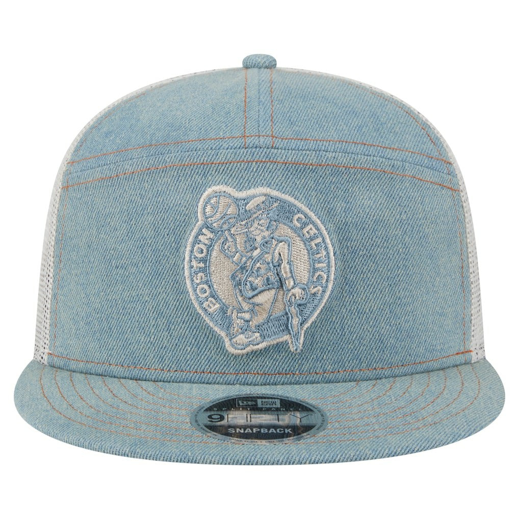 Boston Celtics Adventure Denim Split Panel 9FIFTY Snapback Trucker Hat On Sale