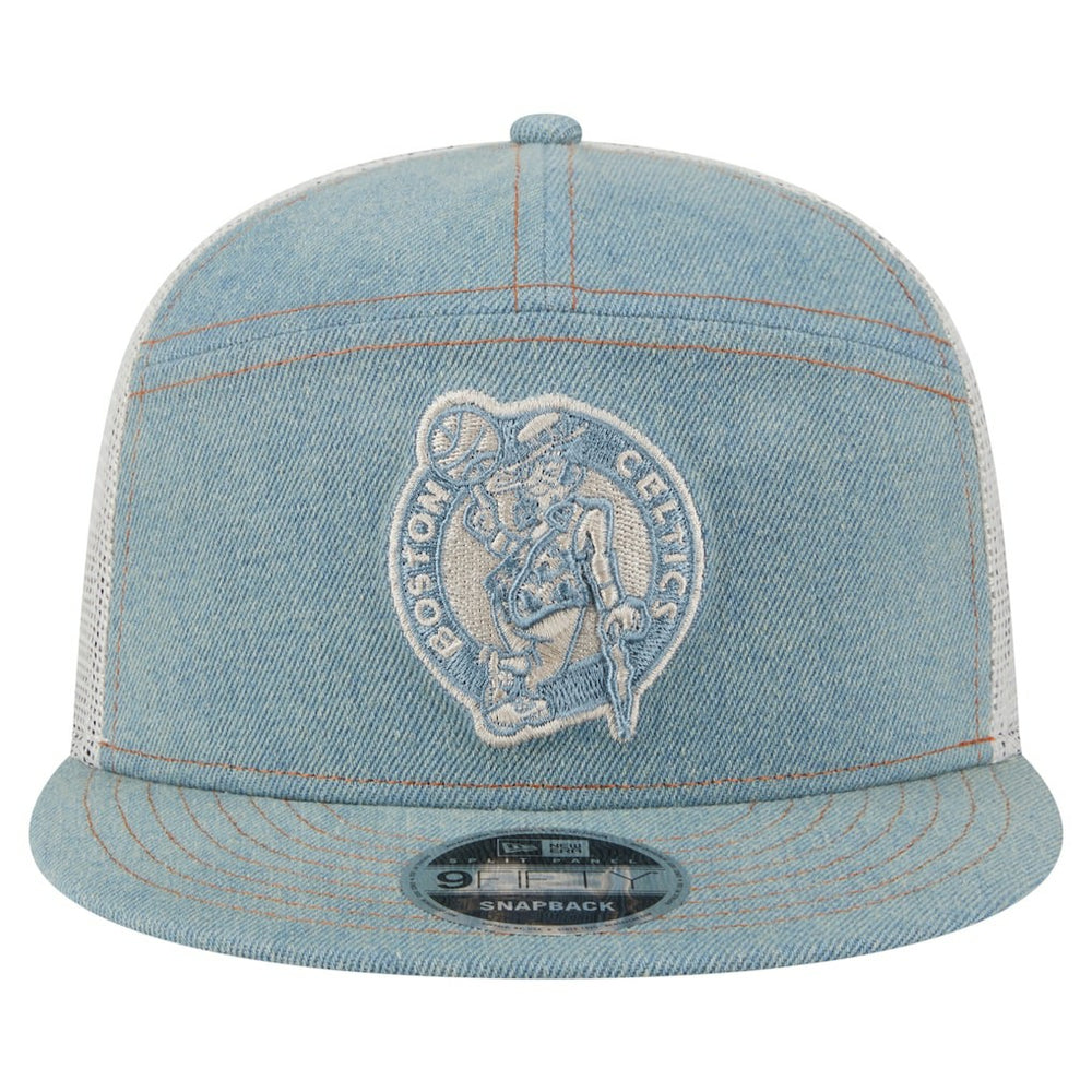 Boston Celtics Adventure Denim Split Panel 9FIFTY Snapback Trucker Hat On Sale