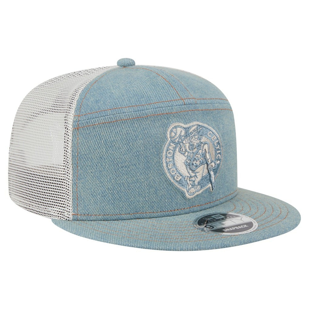 Boston Celtics Adventure Denim Split Panel 9FIFTY Snapback Trucker Hat On Sale