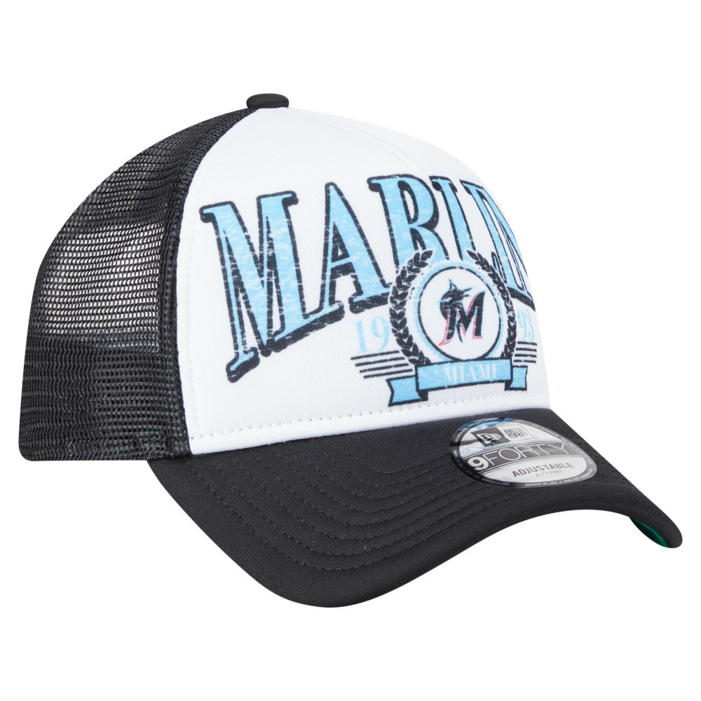 Miami Marlins New Era Distressed 9FORTY A-Frame Adjustable Trucker Hat | MLB New