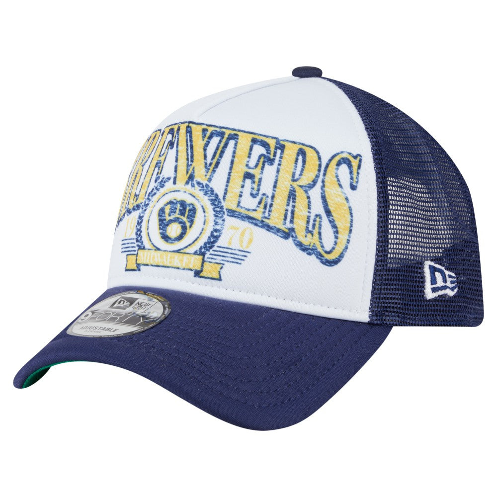 Milwaukee Brewers New Era Distressed 9FORTY A-Frame Adjustable Trucker Hat | MLB Outlet