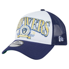 Milwaukee Brewers New Era Distressed 9FORTY A-Frame Adjustable Trucker Hat | MLB Outlet