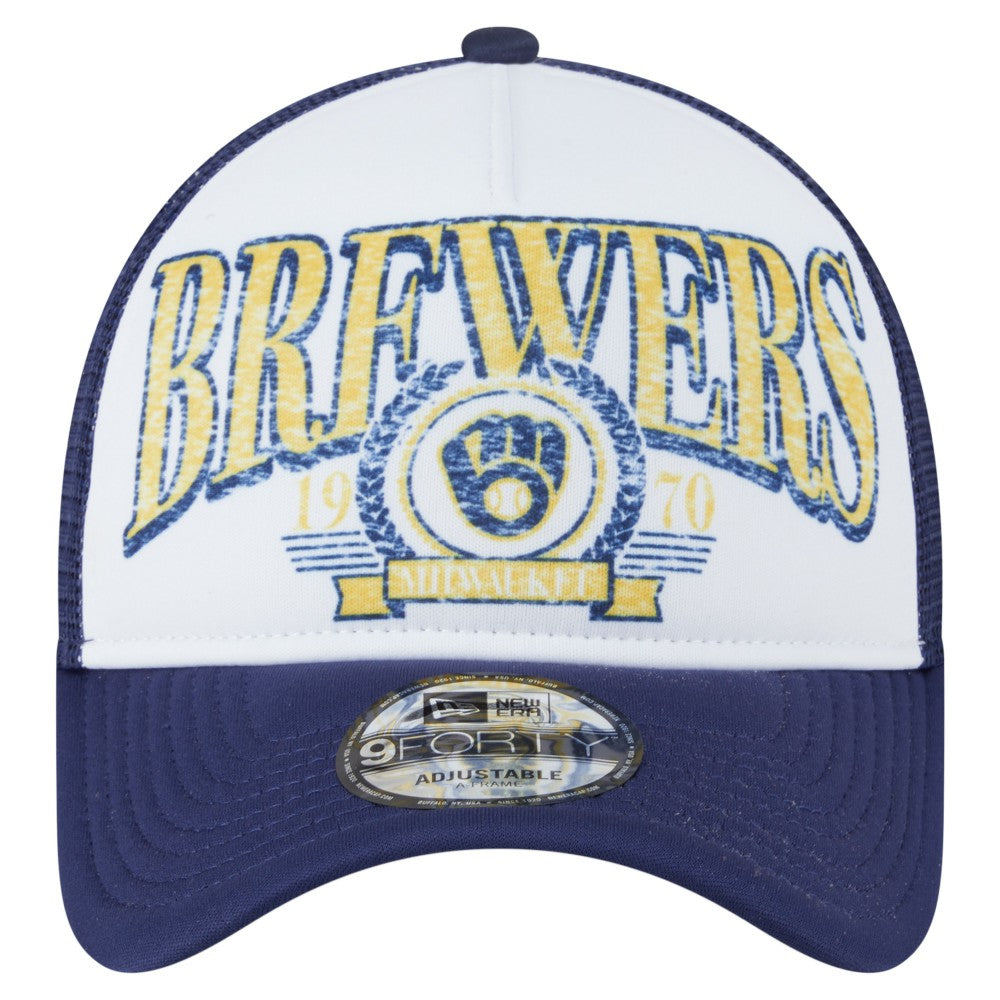 Milwaukee Brewers New Era Distressed 9FORTY A-Frame Adjustable Trucker Hat | MLB Outlet