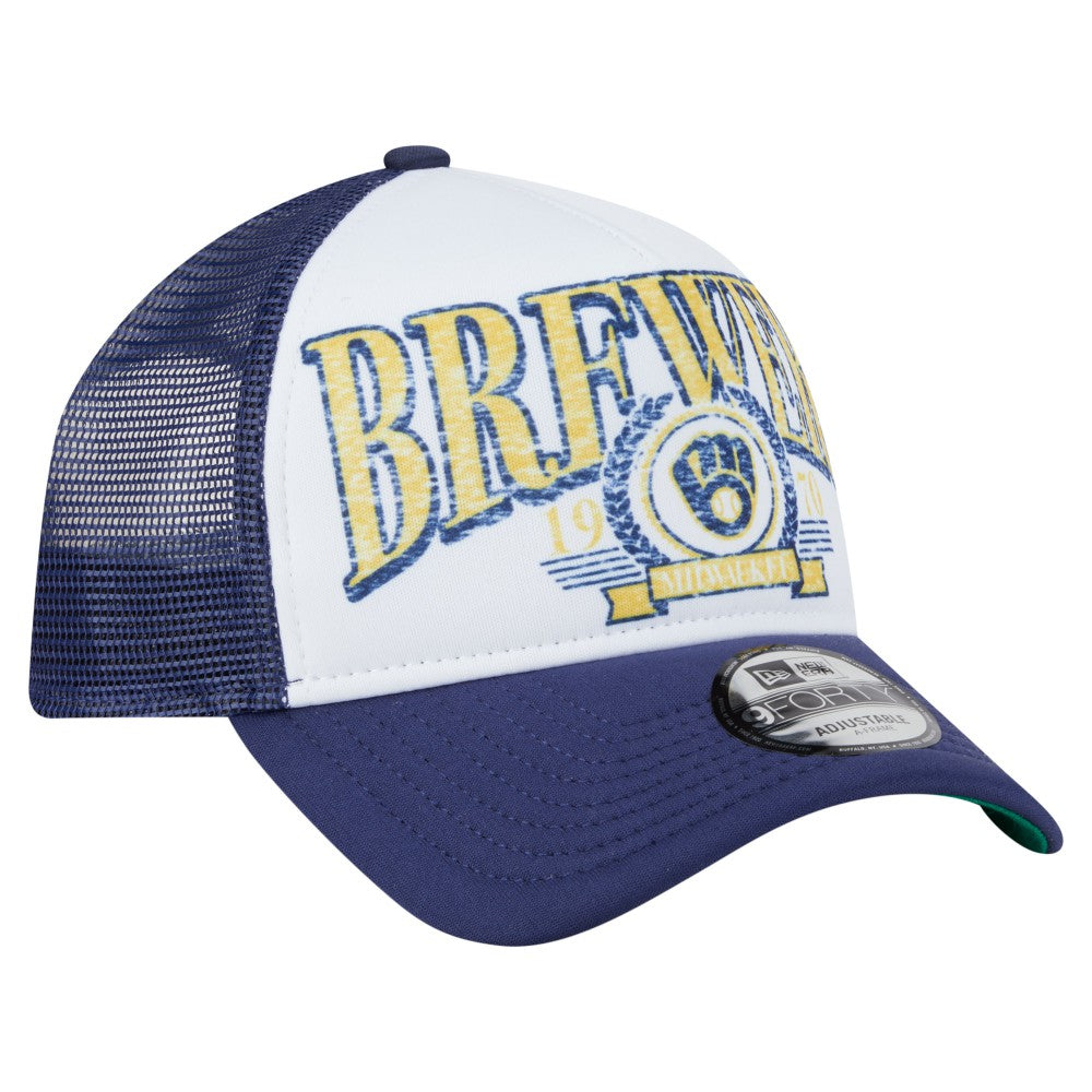 Milwaukee Brewers New Era Distressed 9FORTY A-Frame Adjustable Trucker Hat | MLB Outlet