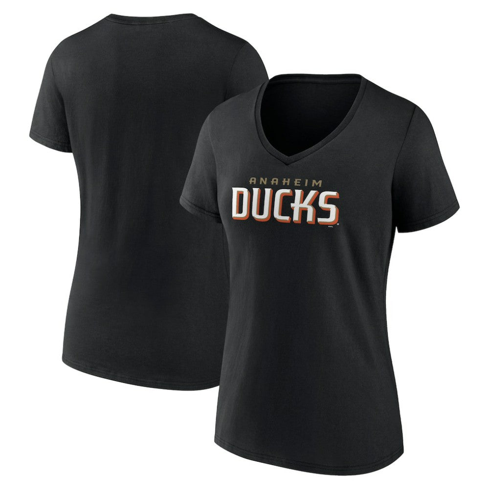 Anaheim Ducks Women's Wordmark V-Neck T-Shirt – Black For Sale