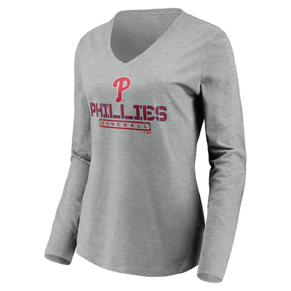 Philadelphia Phillies Women's Evanston Stencil Long Sleeve V-Neck T-Shirt | MLB New