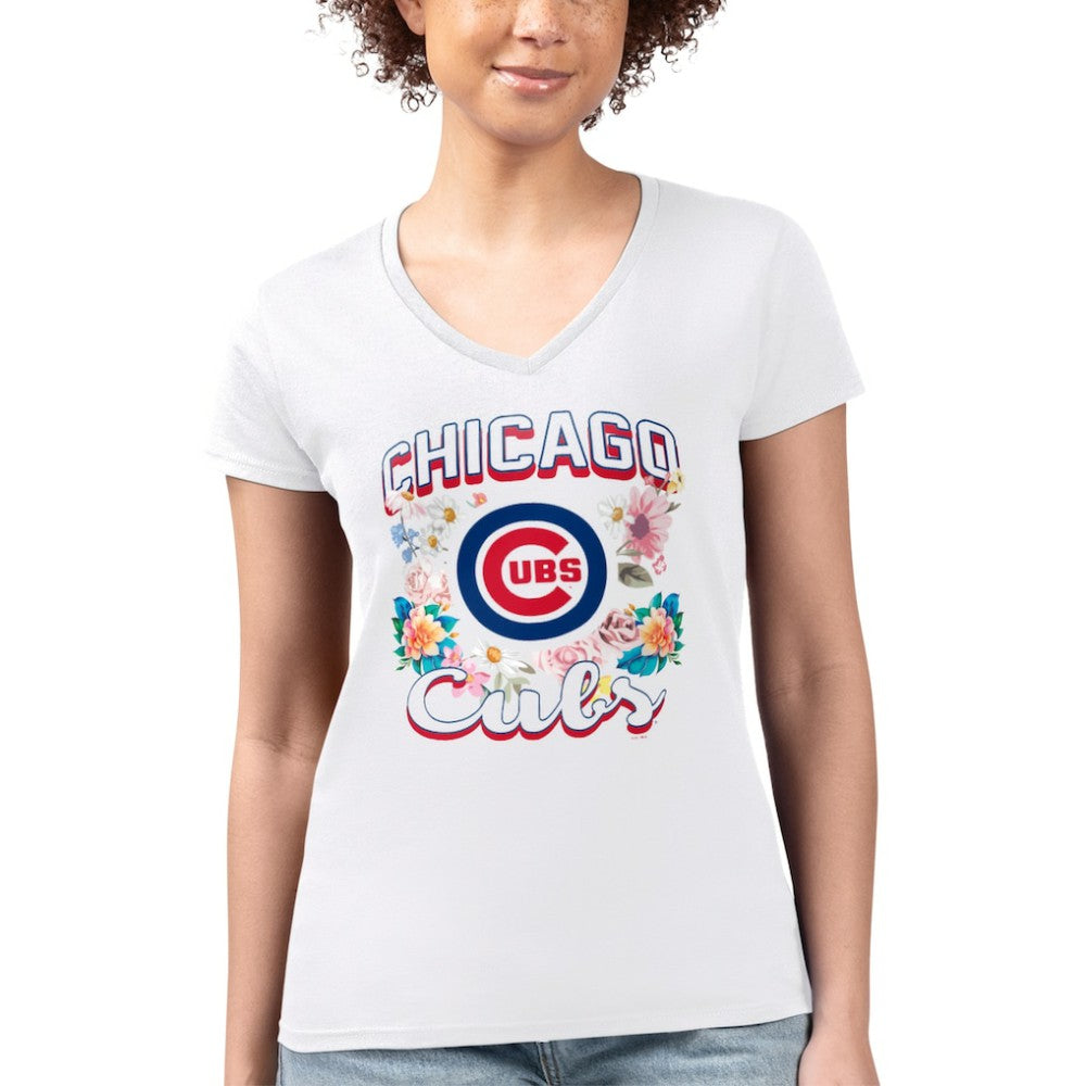 Chicago Cubs G-III 4Her by Carl Banks Women's Super-Slim Fit Lightweight Flowers Graphic V-Neck T-Shirt | MLB Outlet