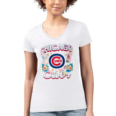Chicago Cubs G-III 4Her by Carl Banks Women's Super-Slim Fit Lightweight Flowers Graphic V-Neck T-Shirt | MLB Outlet