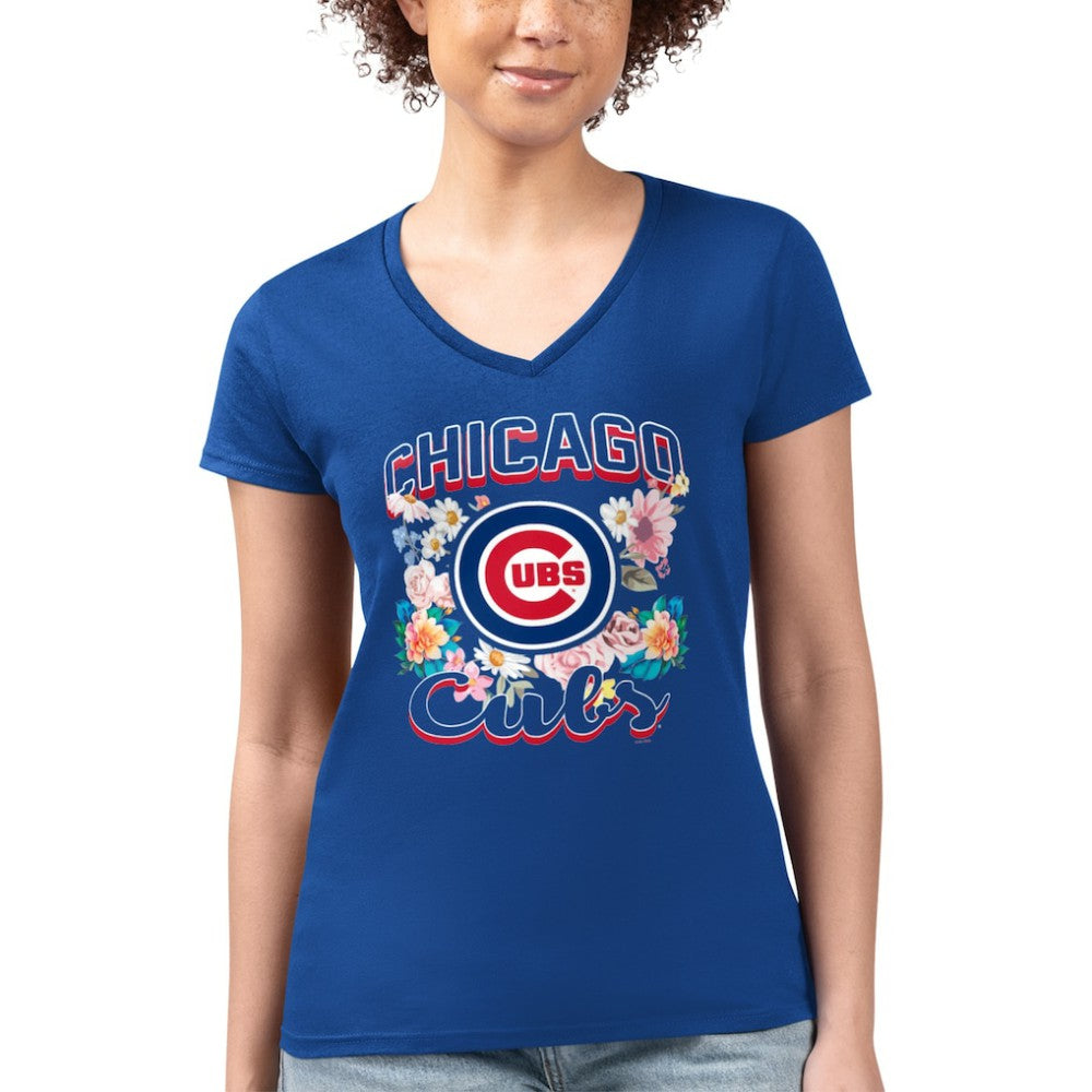 Chicago Cubs G-III 4Her by Carl Banks Women's Super-Slim Fit Lightweight Flowers Graphic V-Neck T-Shirt | MLB Outlet