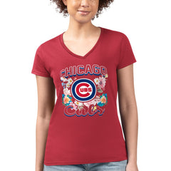 Chicago Cubs G-III 4Her by Carl Banks Women's Super-Slim Fit Lightweight Flowers Graphic V-Neck T-Shirt | MLB Shop
