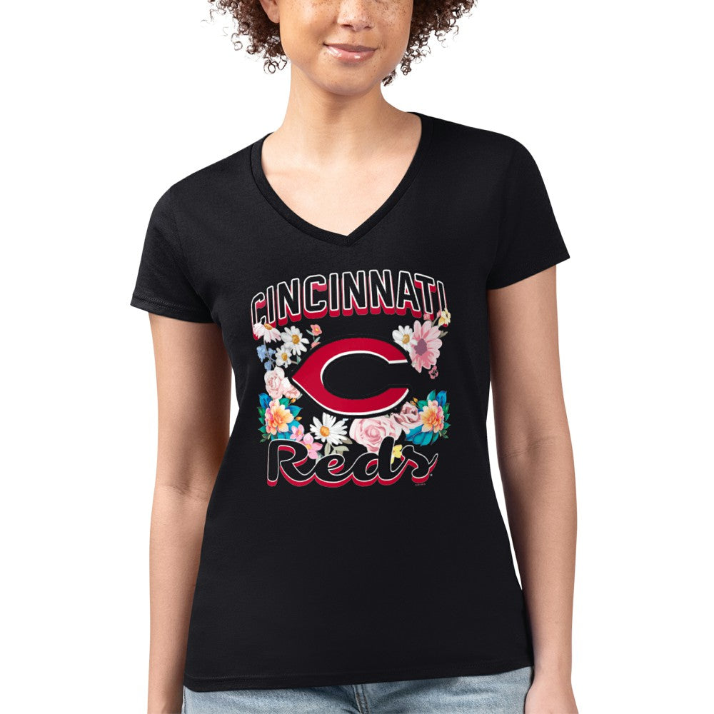 Cincinnati Reds G-III 4Her by Carl Banks Women's Super-Slim Fit Lightweight Flowers Graphic V-Neck T-Shirt | MLB On Sale