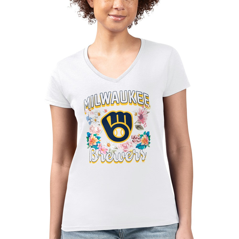 Milwaukee Brewers G-III 4Her by Carl Banks Women's Super-Slim Fit Lightweight Flowers Graphic V-Neck T-Shirt | MLB Outlet