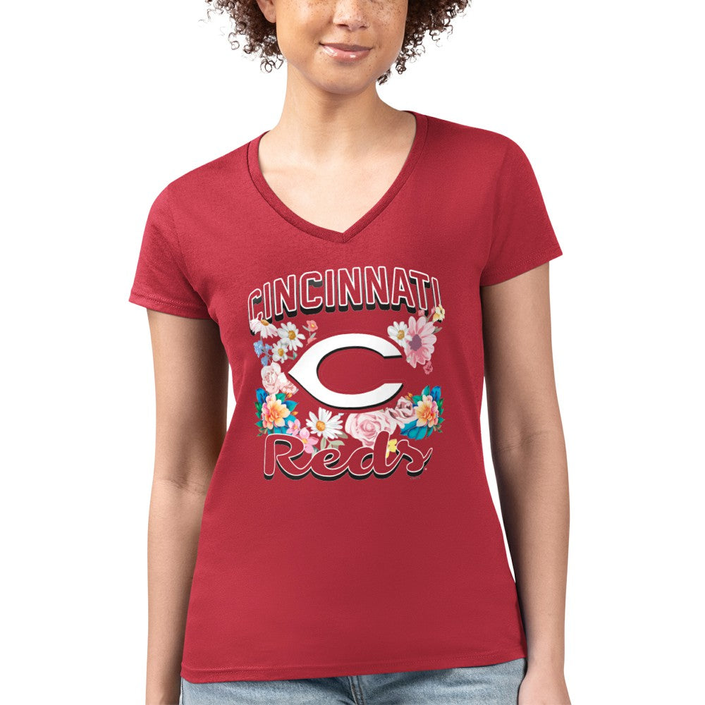 Cincinnati Reds G-III 4Her by Carl Banks Women's Super-Slim Fit Lightweight Flowers Graphic V-Neck T-Shirt | MLB Discount