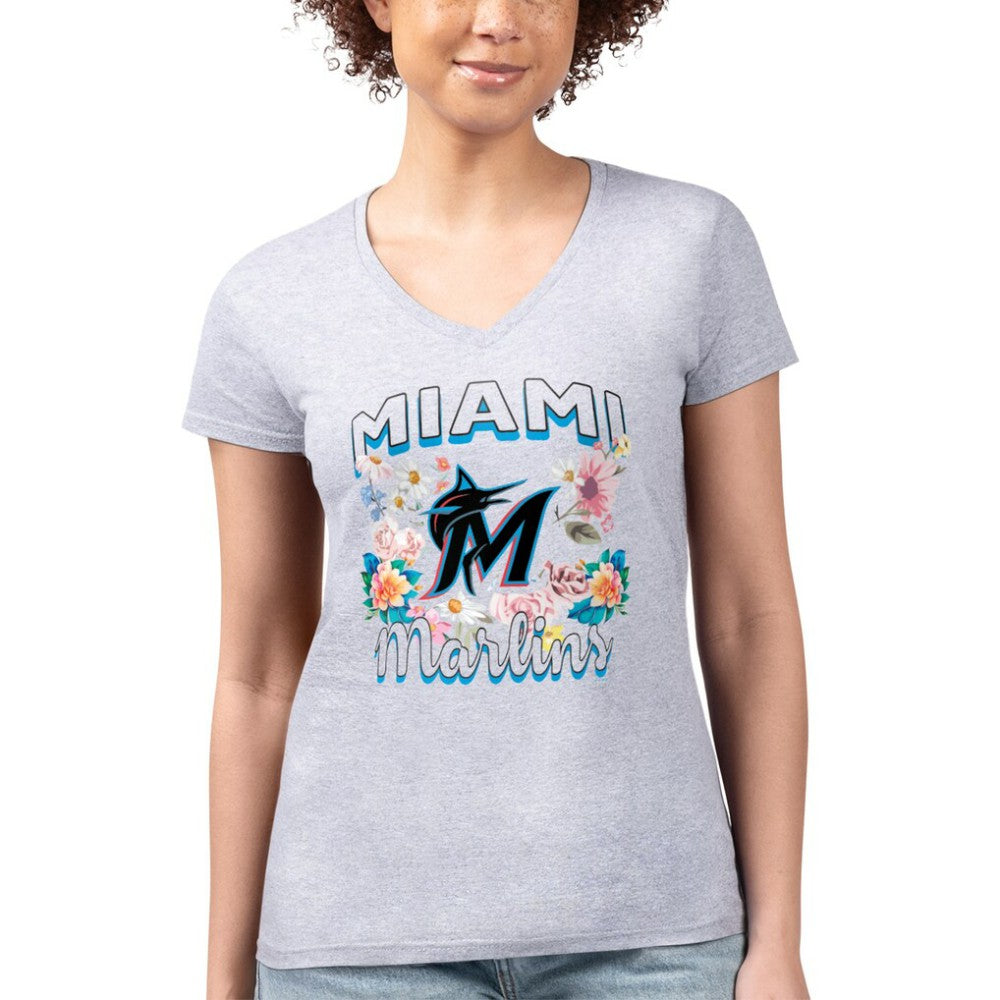 Miami Marlins G-III 4Her by Carl Banks Women's Super-Slim Fit Lightweight Flowers Graphic V-Neck T-Shirt | MLB On Sale