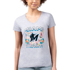 Miami Marlins G-III 4Her by Carl Banks Women's Super-Slim Fit Lightweight Flowers Graphic V-Neck T-Shirt | MLB On Sale