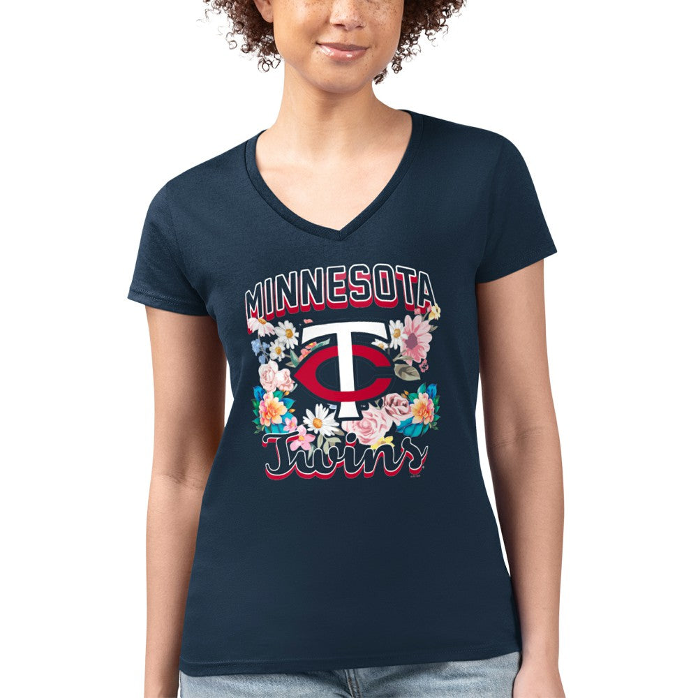 Minnesota Twins G-III 4Her by Carl Banks Women's Super-Slim Fit Lightweight Flowers Graphic V-Neck T-Shirt | MLB For sale