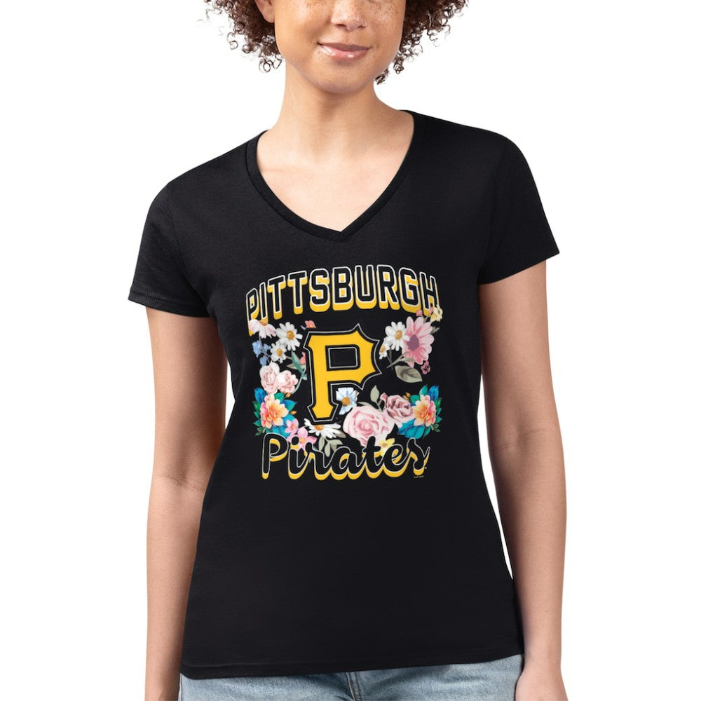 Pittsburgh Pirates G-III 4Her by Carl Banks Women's Super-Slim Fit Lightweight Flowers Graphic V-Neck T-Shirt | MLB Discount