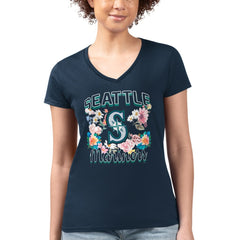 Seattle Mariners G-III 4Her by Carl Banks Women's Super-Slim Fit Lightweight Flowers Graphic V-Neck T-Shirt | MLB New