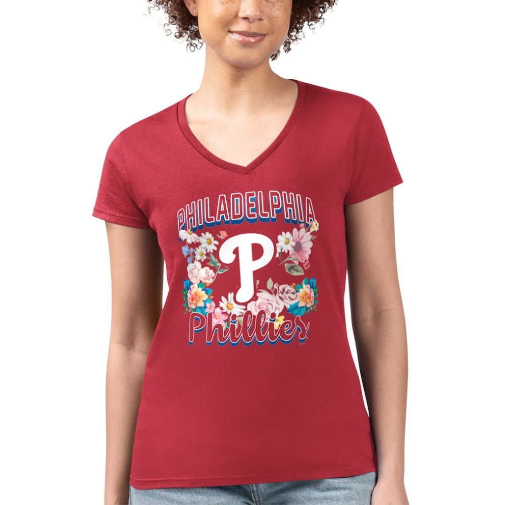 Philadelphia Phillies G-III 4Her by Carl Banks Women's Super-Slim Fit Lightweight Flowers Graphic V-Neck T-Shirt | MLB Discount