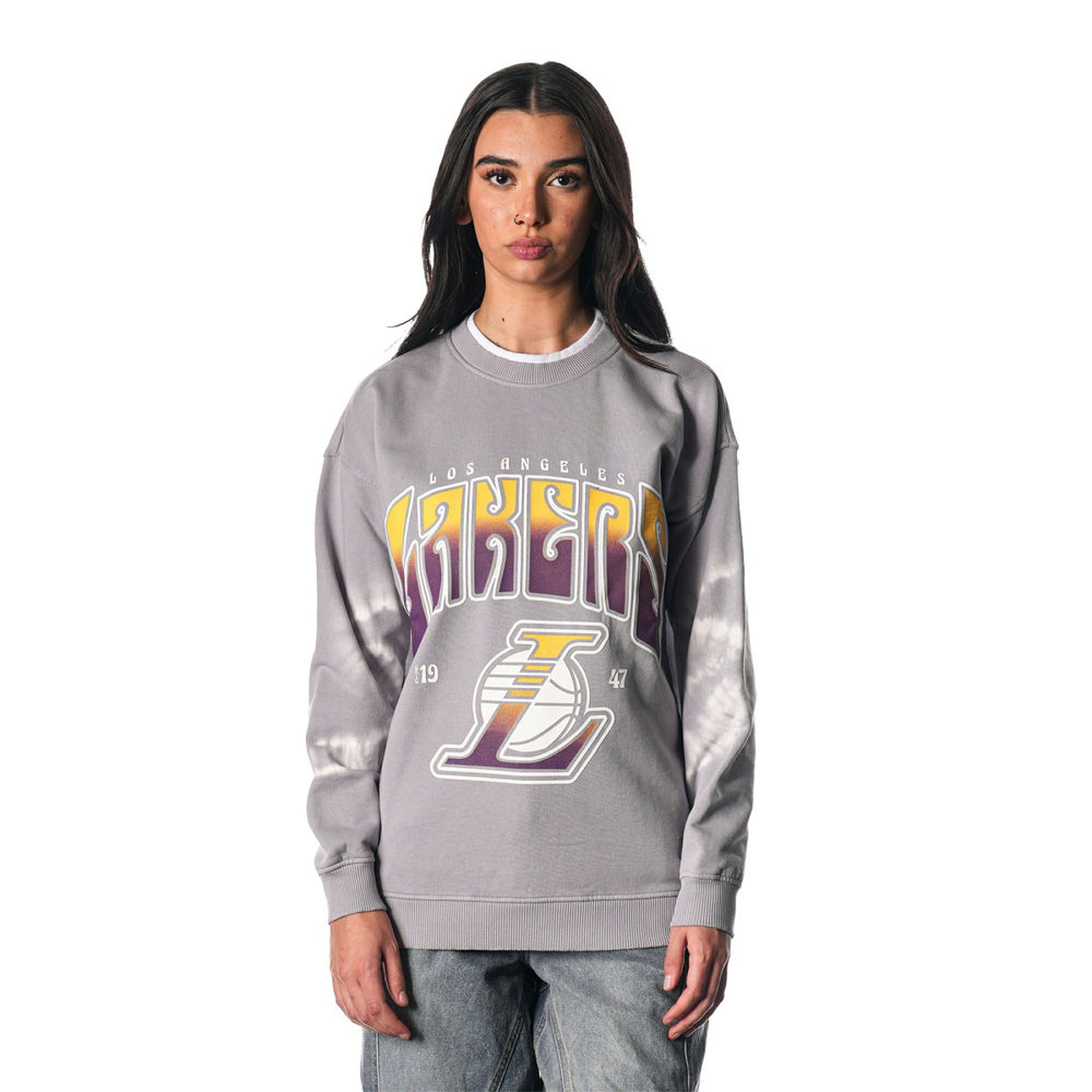 Los Angeles Lakers The Wild Collective Women's Bleached Tie-Dye Pullover Sweatshirt New