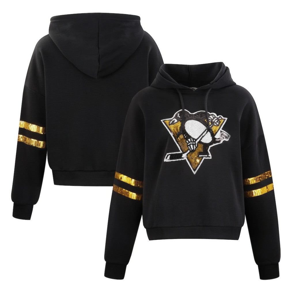 Pittsburgh Penguins Cuce Women's Sequin Cropped Pullover Hoodie On Sale