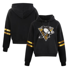 Pittsburgh Penguins Cuce Women's Sequin Cropped Pullover Hoodie On Sale